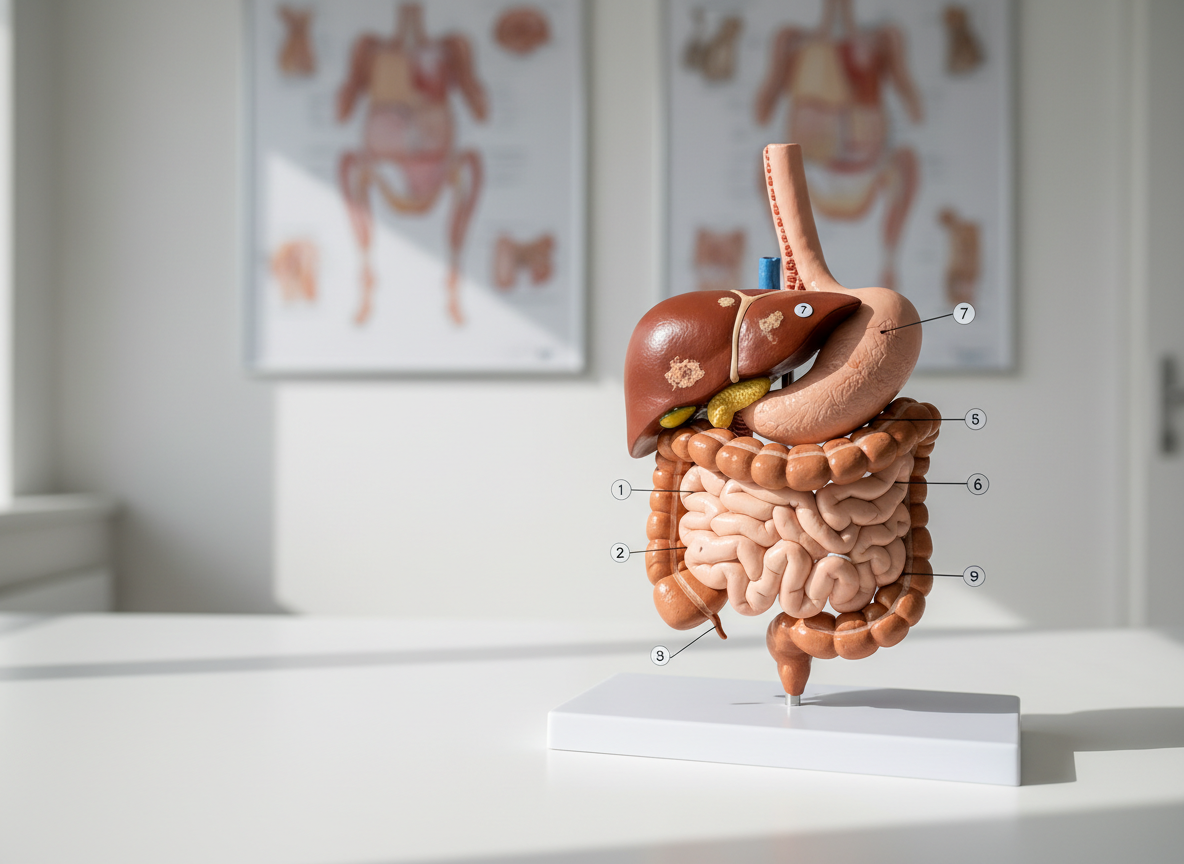 An anatomically detailed, three-dimensional educational model of a dog’s digestive tract in realistic colors, displayed on a minimalist white counter in a consultation room. The model shows the esophagus, stomach, liver, pancreas, and intestines with different textures and subtle shading, mounted on a matte white base with small, numbered labels. Behind it, softly blurred wall charts of canine and feline abdominal organs add context without clutter. Soft, natural daylight filters in from an unseen window, creating gentle highlights along the curves of the organs and delicate shadows on the counter. The shot is framed at eye level with the model slightly off-center following the rule of thirds, allowing negative space for future text overlay. The atmosphere is educational and professional, ideal for explaining gastrointestinal diseases to pet owners in a specialist clinic.
