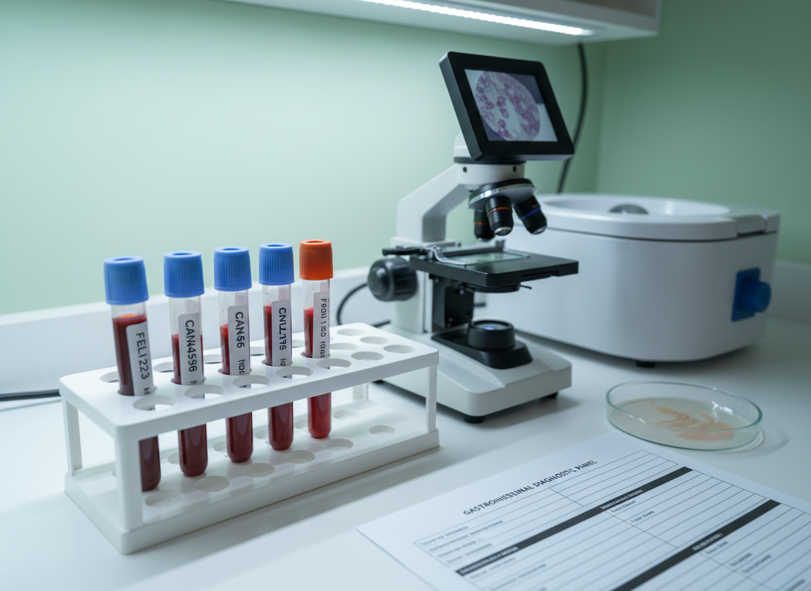 A detailed, photographic close-up of a clean veterinary lab bench prepared for gastroenterological diagnostics, featuring a labeled row of small blood and stool sample tubes in a white plastic rack, a digital microscope, and a compact centrifuge. A glass Petri dish with a thin smear rests beside a printed report template showing sections for pancreatic enzymes, intestinal markers, and inflammatory indices. Cool, even LED task lighting illuminates every surface, creating crisp reflections on glass and plastic, while a pale mint-green wall in the out-of-focus background softens the clinical feel. The composition uses a shallow depth of field, with the sample rack and microscope in sharp focus at the center and peripheral instruments gently blurred. The mood is methodical, precise, and diagnostic, emphasizing laboratory investigation of digestive diseases in animals.