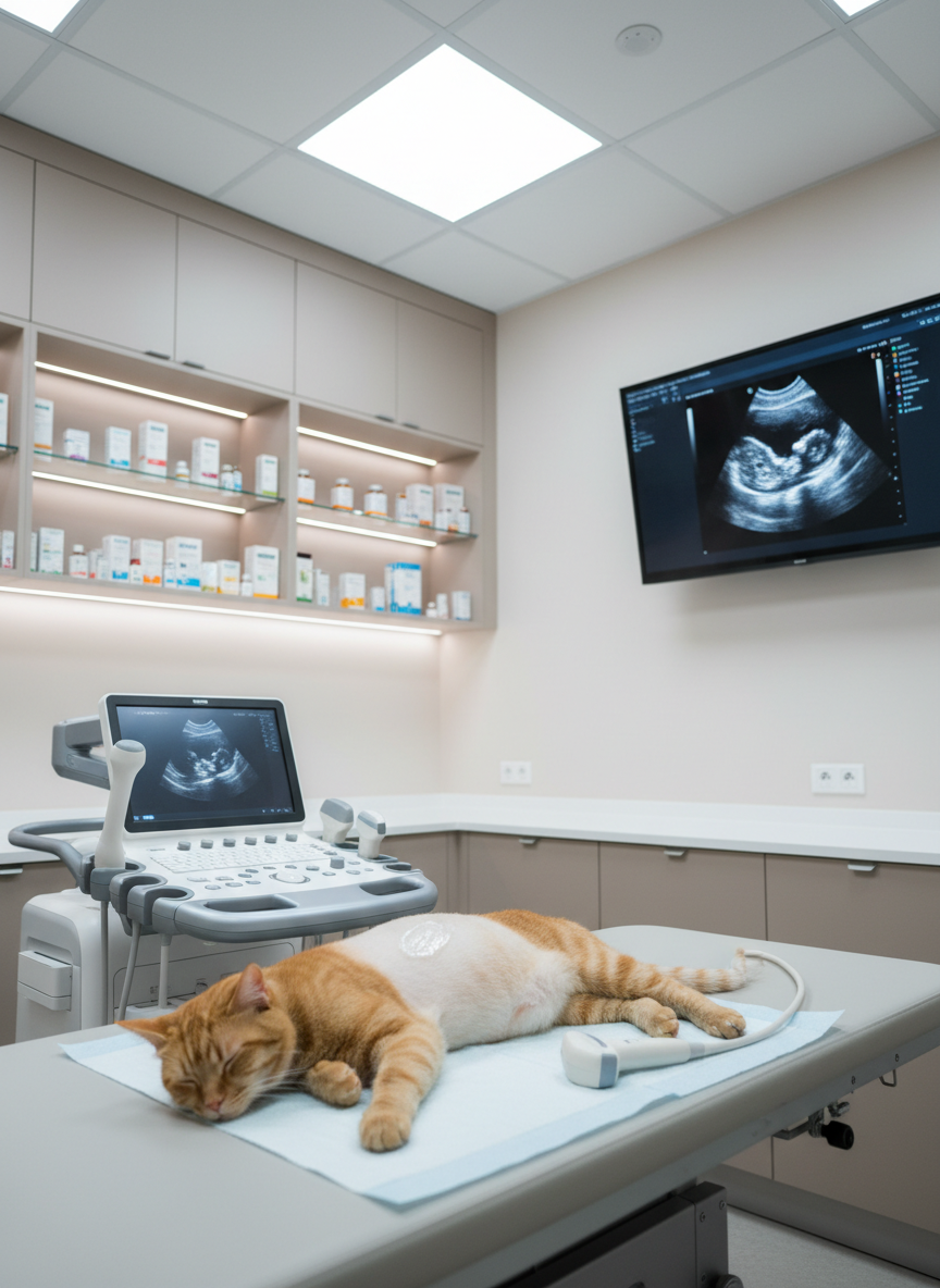 A bright, modern veterinary diagnostic room focused on gastroenterology, with a sleek ultrasound machine prominently positioned beside a padded exam table where a calm short-haired cat lies on its side. The cat’s abdomen is lightly shaved, and a small amount of clear gel glistens under a handheld probe resting nearby on a disposable pad. Neutral-colored cabinetry, organized shelves with labeled gastroenteric medications, and a wall-mounted monitor displaying a grayscale abdominal ultrasound image frame the scene. Soft, cool-white overhead lighting produces clear, crisp detail without harsh shadows. Captured from a slightly elevated three-quarter angle, the composition keeps both the cat and the ultrasound screen in focus, underscoring advanced, precise digestive diagnostics in a clean, professional photographic style.