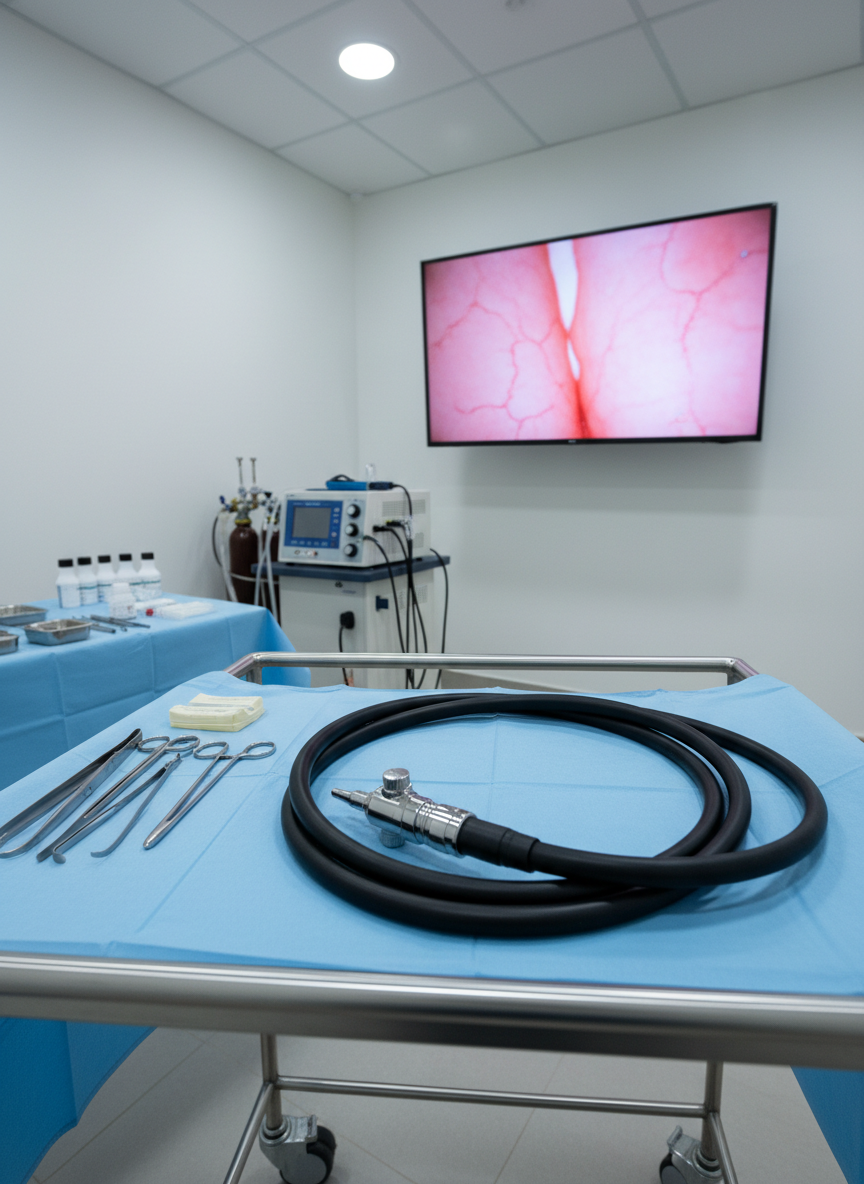 A meticulously organized veterinary endoscopy suite in photographic realism, centered on a high-end flexible endoscope coiled neatly on a sterile blue drape atop a mobile cart. The black tubing and polished metal tip gleam under cool, focused ceiling lights, while nearby a large flat-screen monitor displays a sharp, close-up image of healthy pink intestinal mucosa. In the background, slightly blurred, stand stainless-steel instrument trays, a compact anesthesia machine, and a row of labeled syringes and gastroprotective drugs. Shot from a low, forward angle that emphasizes the endoscope and monitor, the composition creates a sense of technical sophistication. The mood is precise, clinical, and calm, highlighting minimally invasive diagnostics for digestive diseases in animals within a spotless, modern veterinary environment.