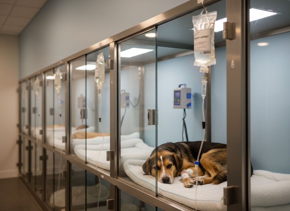 A serene recovery area in a veterinary gastroenterology clinic, featuring individual transparent kennels neatly lined along a wall, each with soft white bedding and a small mounted fluid pump. In the foreground, a medium-sized mixed-breed dog rests comfortably in one kennel, an IV line secured to its foreleg and connected to a transparent infusion bag labeled for digestive support. Warm, diffused overhead lighting and a pale blue accent wall create a soothing atmosphere, contrasting with the clinical clarity of glass and stainless steel. Captured at eye level with moderate depth of field, the dog and its enclosure are in sharp focus while the background kennels soften slightly. The image conveys attentive postoperative or supportive care for gastrointestinal conditions in a professional, well-equipped clinic.