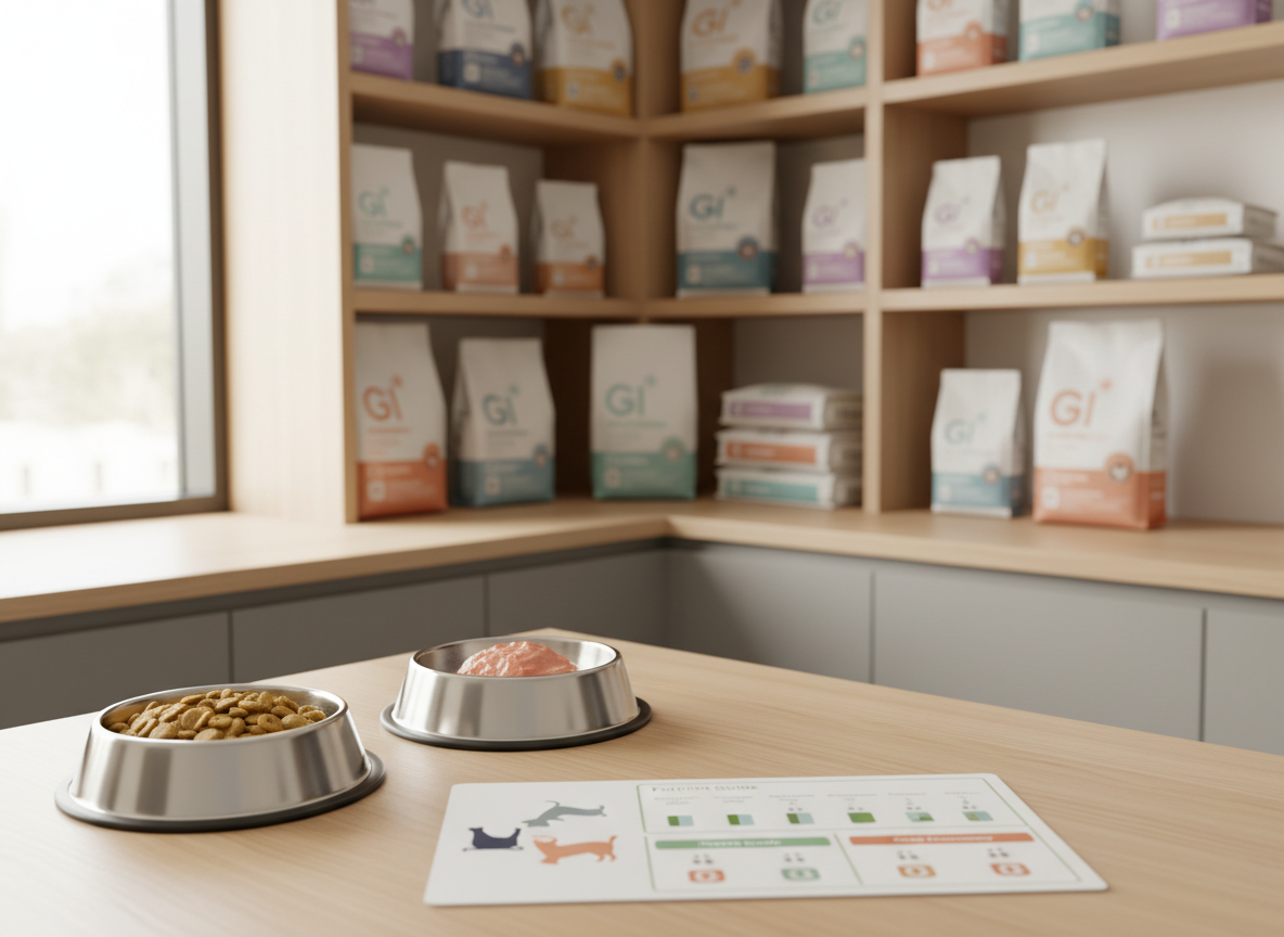 A clean kitchen-style consultation corner dedicated to dietary management for pets with digestive issues, with neatly arranged shelves displaying veterinary gastroenteric diets for dogs and cats in white and pastel-colored bags. On a light wood counter, two pristine stainless-steel bowls hold different textures of specialized food—one dry, one moist—beside a printed, color-coded feeding guide chart illustrating portion sizes and meal frequency. Soft natural light from a nearby window casts gentle shadows and brings out the subtle textures of the kibble and pâté. Photographed from a slightly elevated angle, the scene balances sharp focus on the bowls and chart with a softly blurred background of neatly stacked diet products. The atmosphere is informative and reassuring, highlighting nutrition as an essential component of digestive health in a modern veterinary gastroenterology practice.