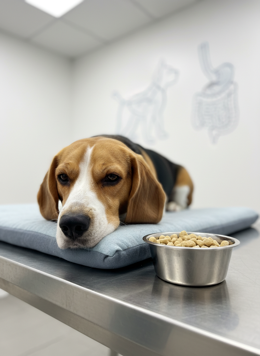 A close-up, photographic-realistic view of a relaxed beagle lying on a cushioned veterinary exam table, gently curled with its head resting near a small stainless-steel bowl containing prescribed gastroenteric kibble. Behind the dog, out of focus, a clean white wall features minimalist diagrams of canine and feline digestive systems in soft blue and gray tones. Overhead LED lighting creates even, shadow-free illumination, highlighting the healthy sheen of the dog’s coat and the texture of the specialized food. The composition uses the rule of thirds, with the beagle’s calm eyes as the focal point and a subtle bokeh effect softening the clinical background. The atmosphere is reassuring and scientific, emphasizing digestive health and evidence-based care in a modern veterinary setting.